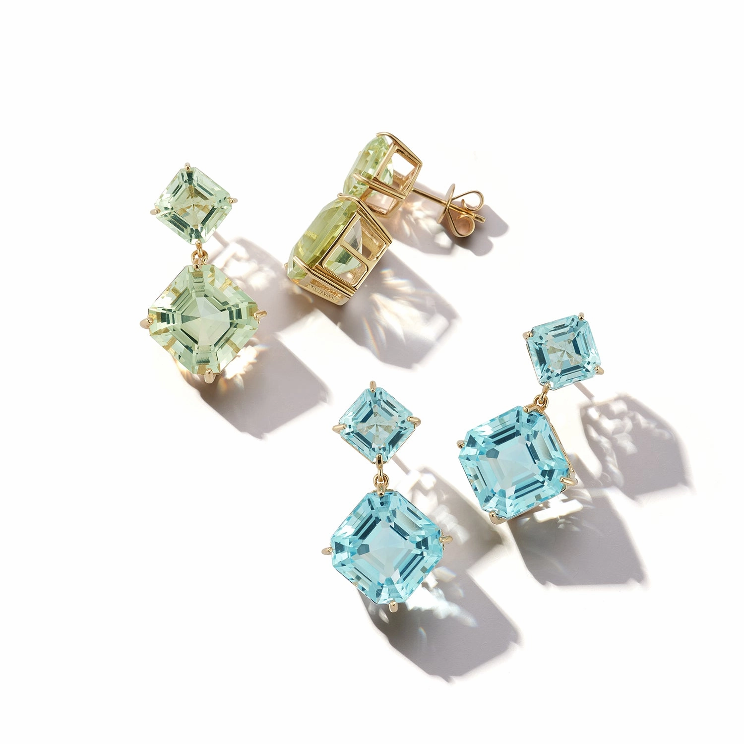 14kt Green Amethyst Asscher Cut Drop Earrings