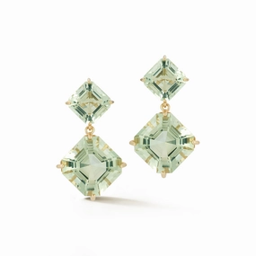 14kt Green Amethyst Asscher Cut Drop Earrings