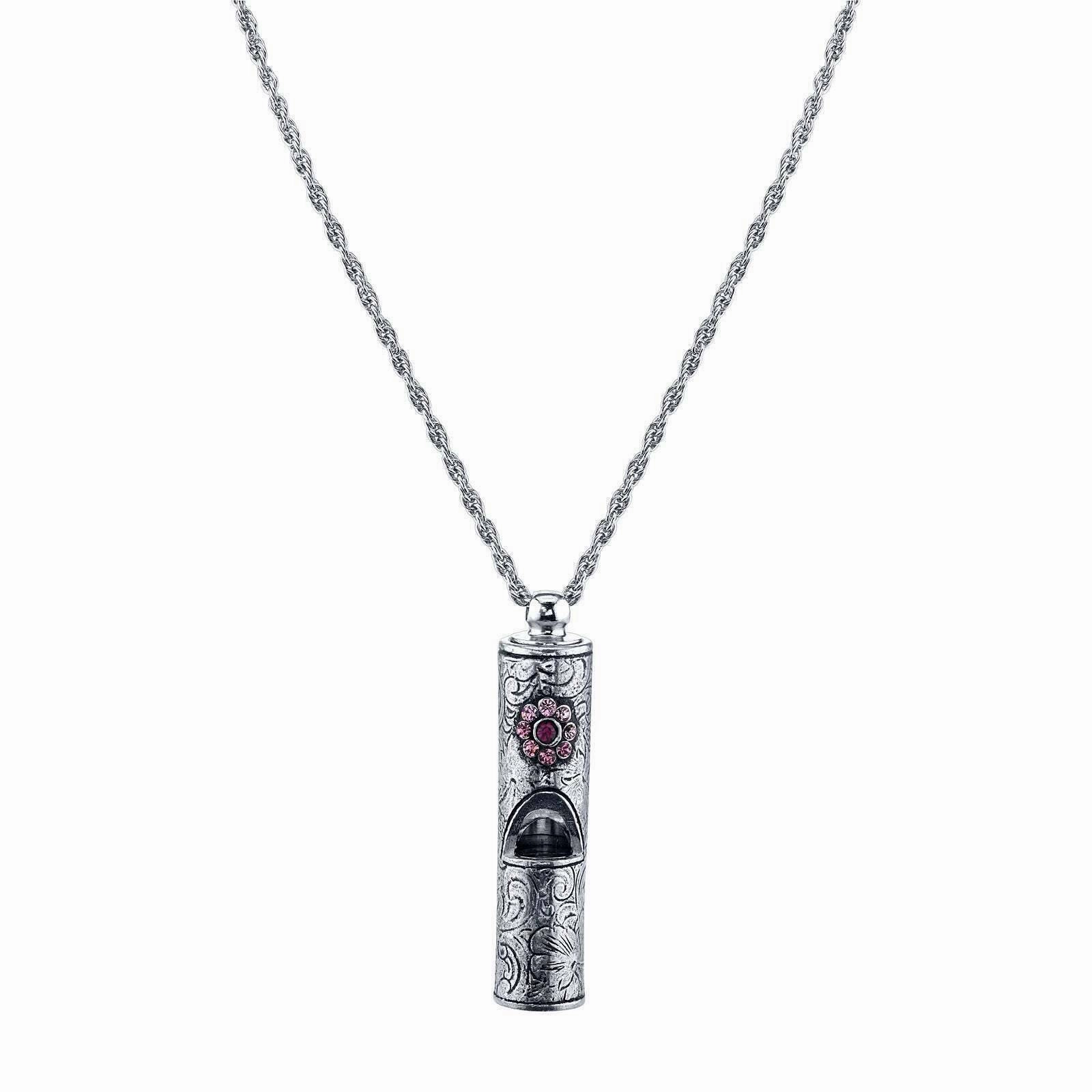 1928 Jewelry Antiqued Pewter Whistle With Flower Necklace 28"