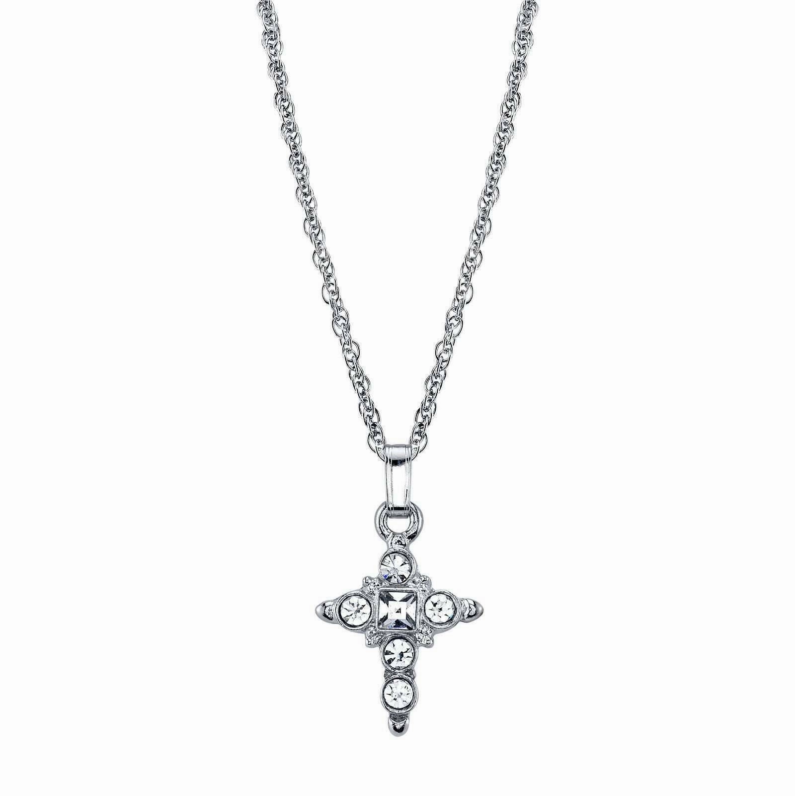 1928 Jewelry Clear Crystal Cross Pendant Necklace 16"   3" Extender