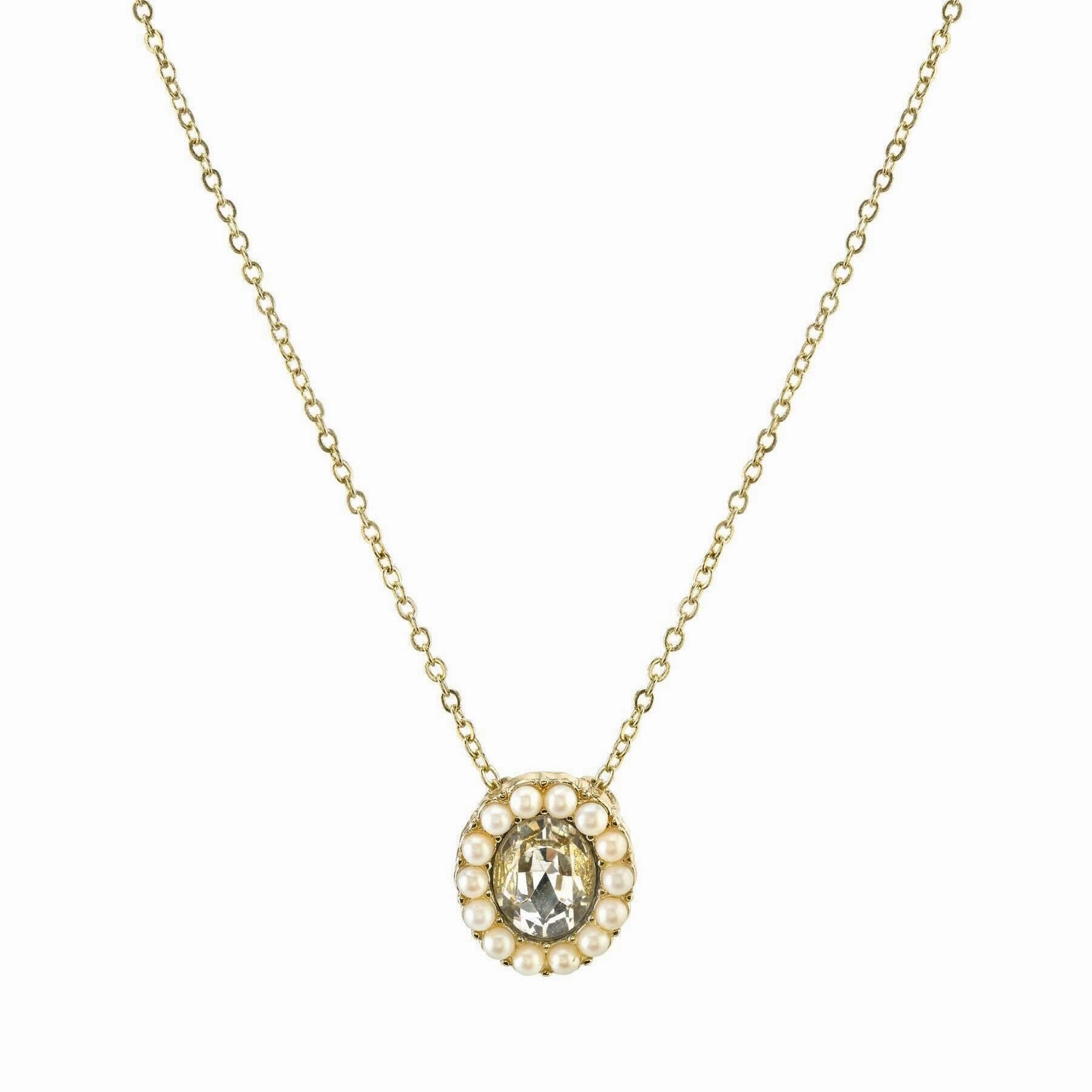 1928 Jewelry Crystal And Faux Pearl Accent Oval Pendant Necklace 16"   3" Extender