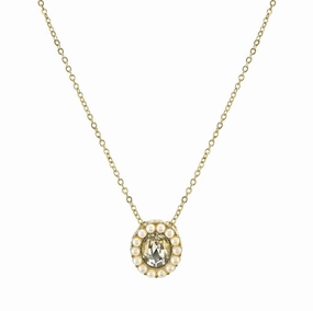 1928 Jewelry Crystal And Faux Pearl Accent Oval Pendant Necklace 16"   3" Extender