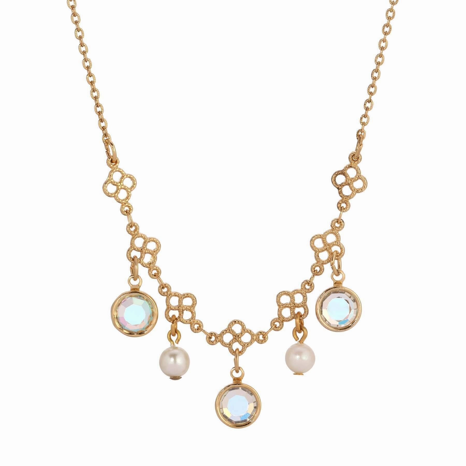 1928 Jewelry Crystal Channel Faux Pearl Drops Necklace 16"