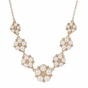 1928 Jewelry Crystal Star Flower White Faux Pearl Necklace 16"   3" Extender