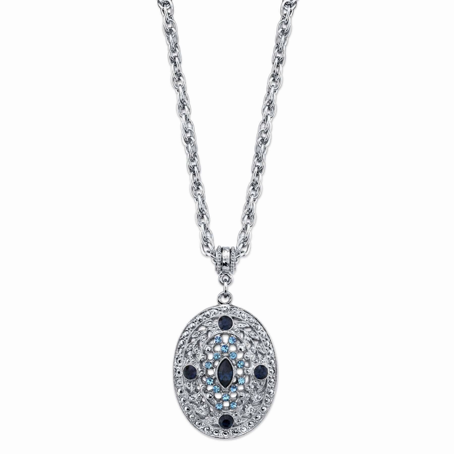 1928 Jewelry Dark and Light Blue Crystal Filigree Oval Pendant Necklace 16"   3" Extender