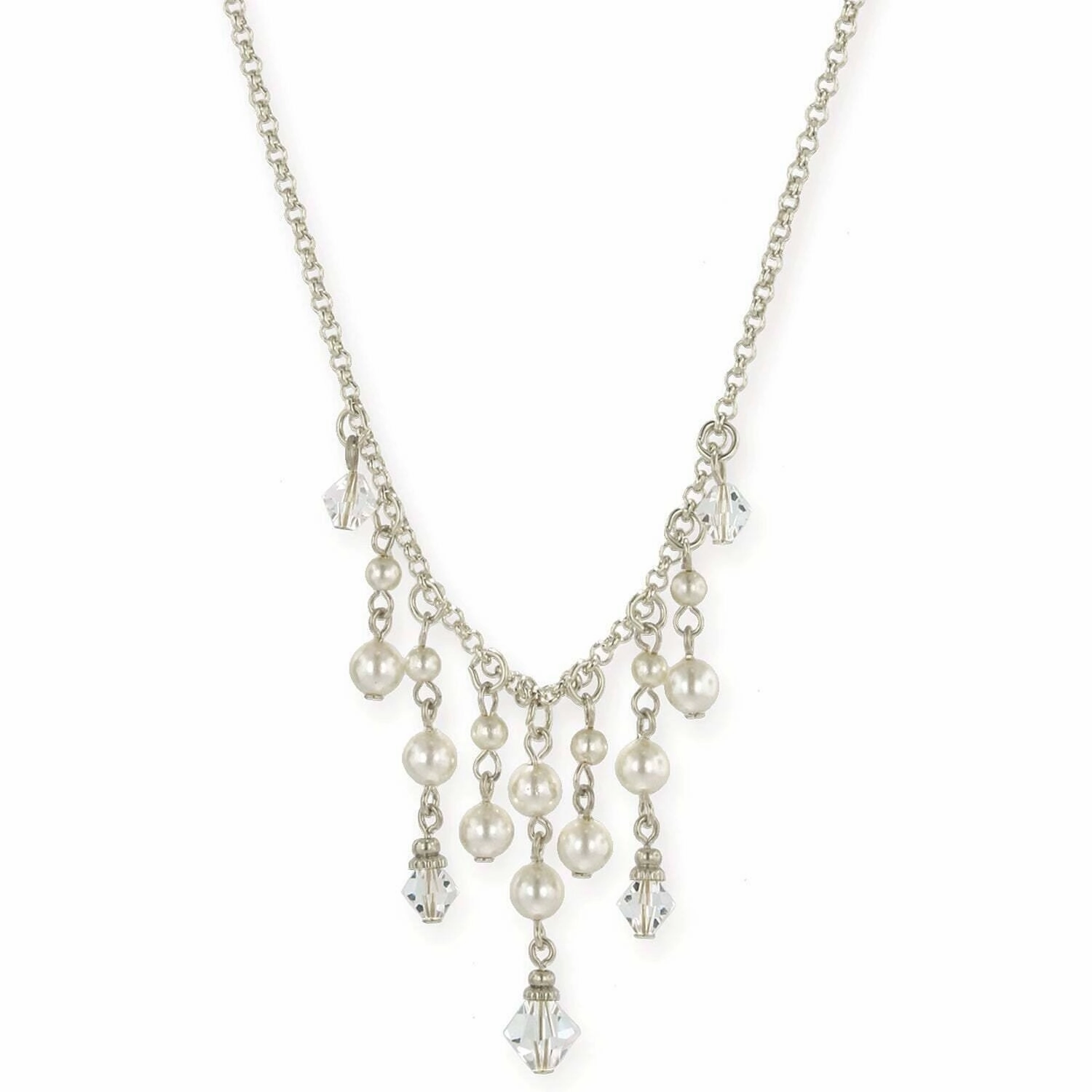 1928 Jewelry Faux Pearl And Crystal Bib Necklace 15"   3" Extender