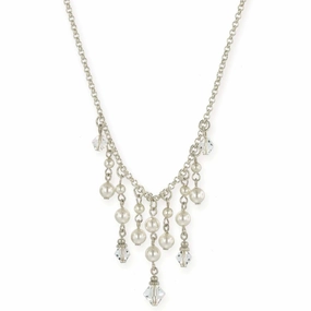1928 Jewelry Faux Pearl And Crystal Bib Necklace 15"   3" Extender