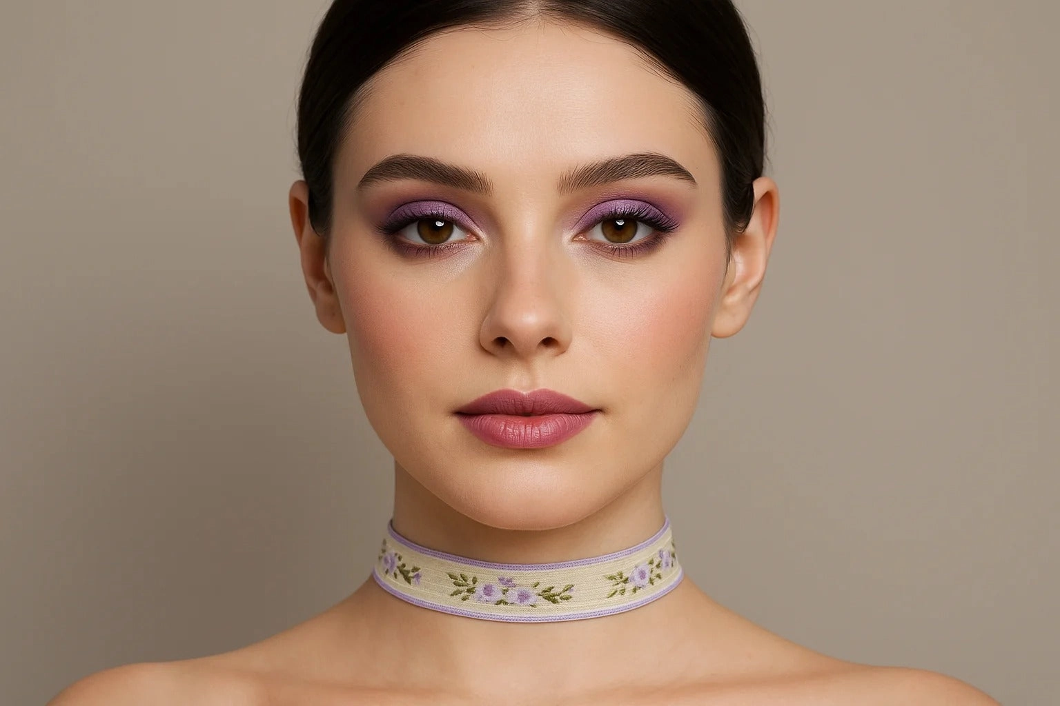 1928 Jewelry Floral Ribbon Choker With Lilac Purple Trim Necklace 12"   5" Extender