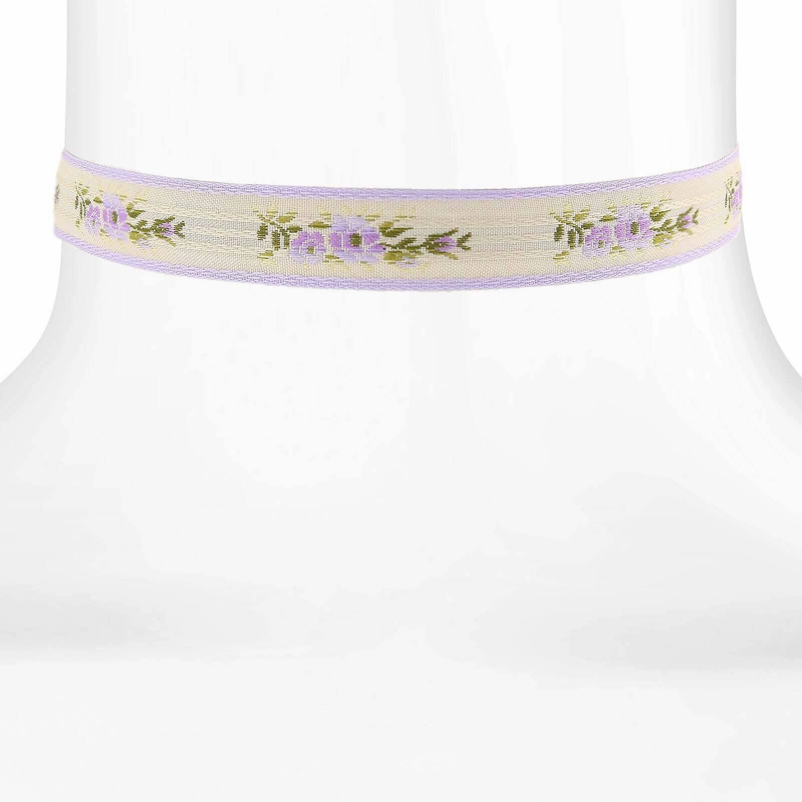 1928 Jewelry Floral Ribbon Choker With Lilac Purple Trim Necklace 12"   5" Extender