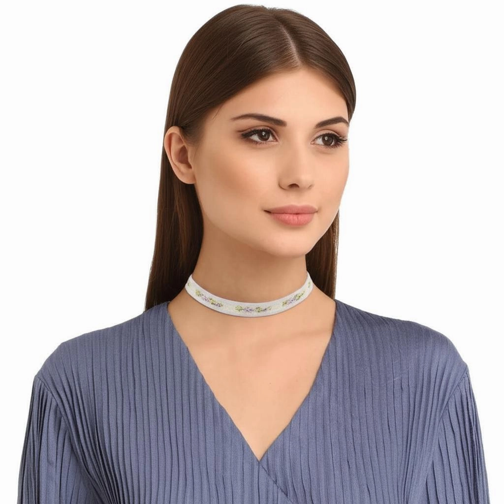 1928 Jewelry Floral Ribbon Choker With Lilac Purple Trim Necklace 12"   5" Extender