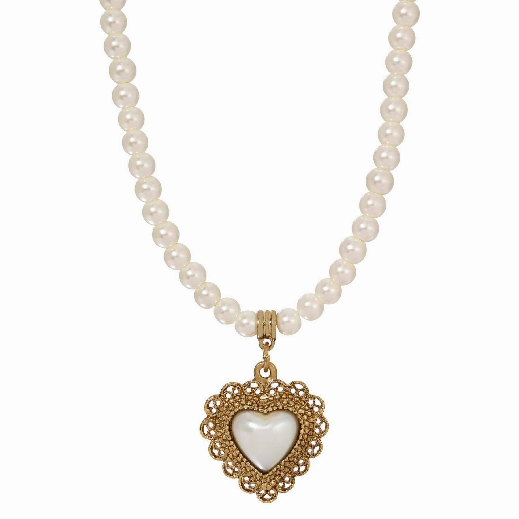 1928 Jewelry Glass Faux Pearl Strand & Faux Pearl Heart Filigree Pendant Necklace 15"   3" Extension