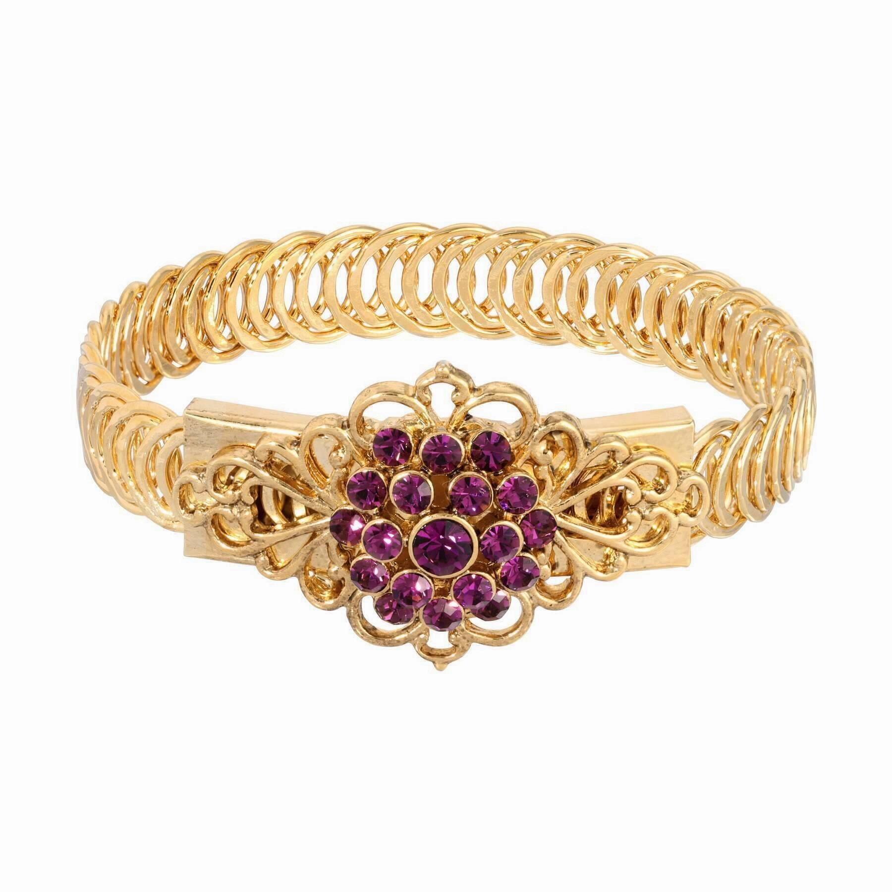 1928 Jewelry Gold Dipped Crystal Flower Overlay Belt Bracelet