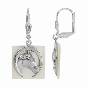1928 Jewelry Horseshoe and Horse Head Motif Mother Of Pearl Drop Earrings