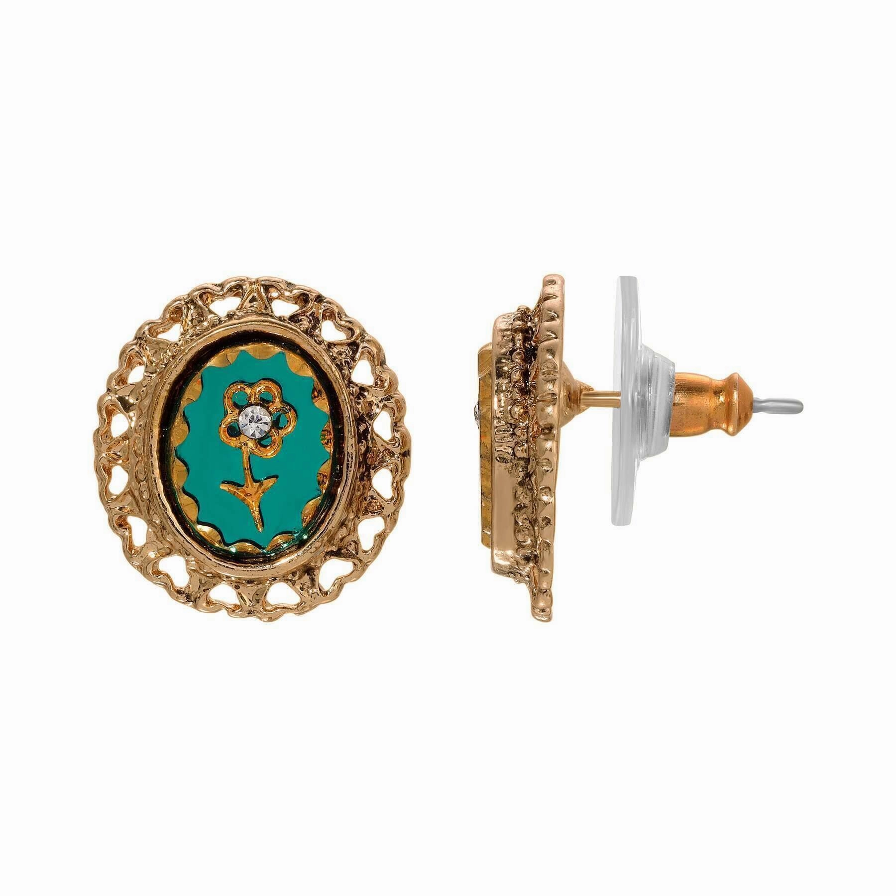 1928 Jewelry Intaglio Flower Emerald Green Glass Crystal Hearts Stud Earrings