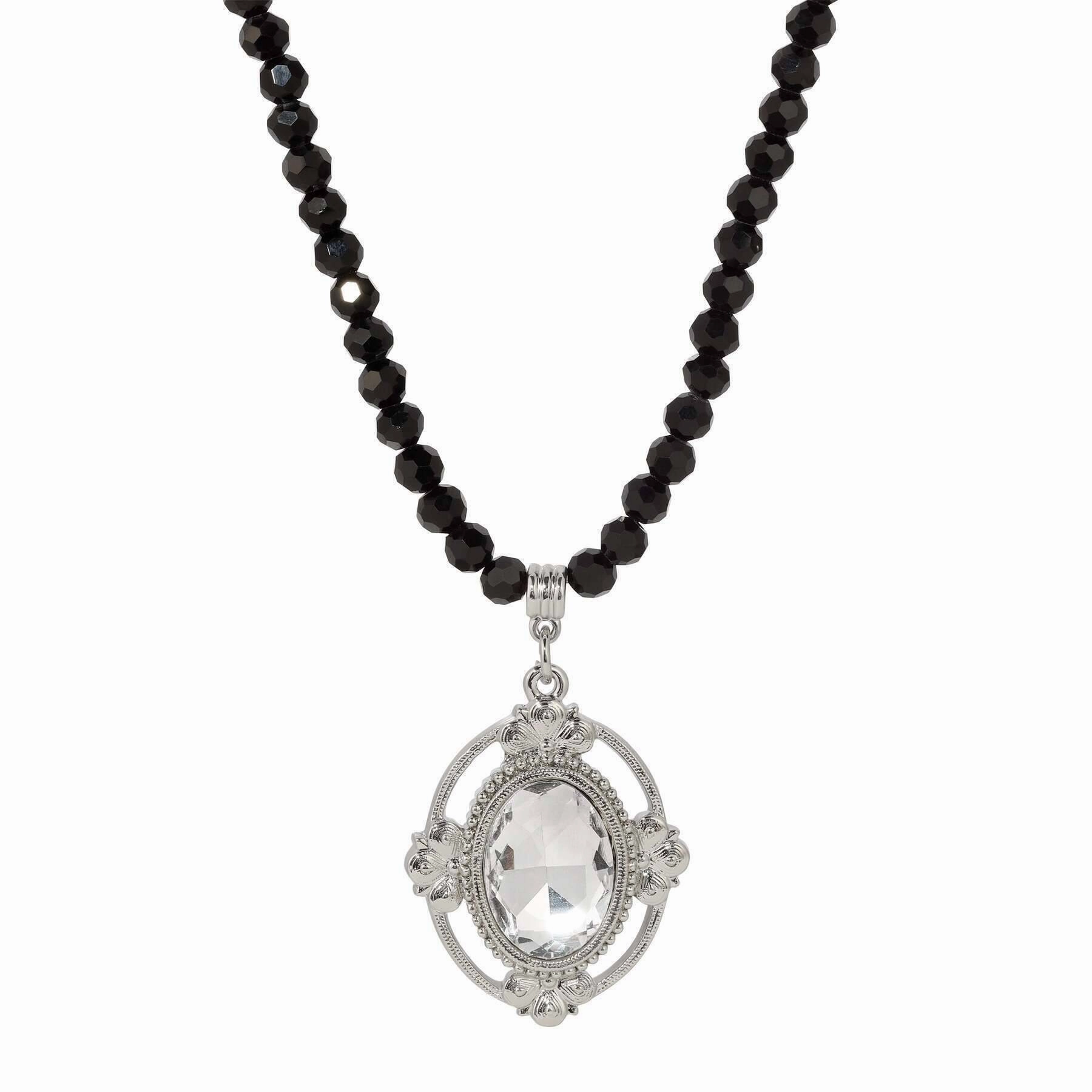 1928 Jewelry Noble Oval Crystal Pendant Black Glass Beaded Necklace 15"   3" Extension