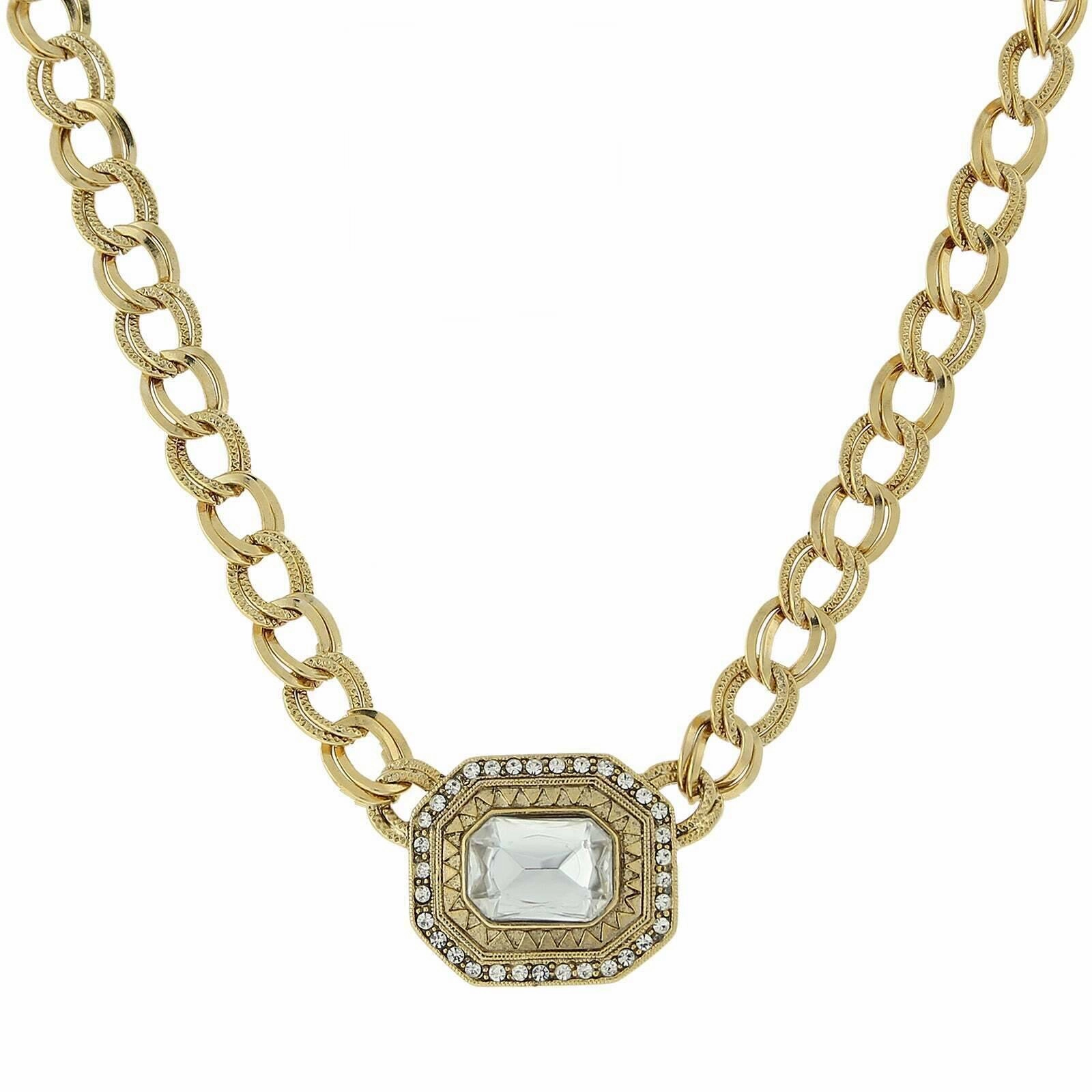 1928 Jewelry Octagon Stone & Crystals Pendant Necklace 16"   3" Extension