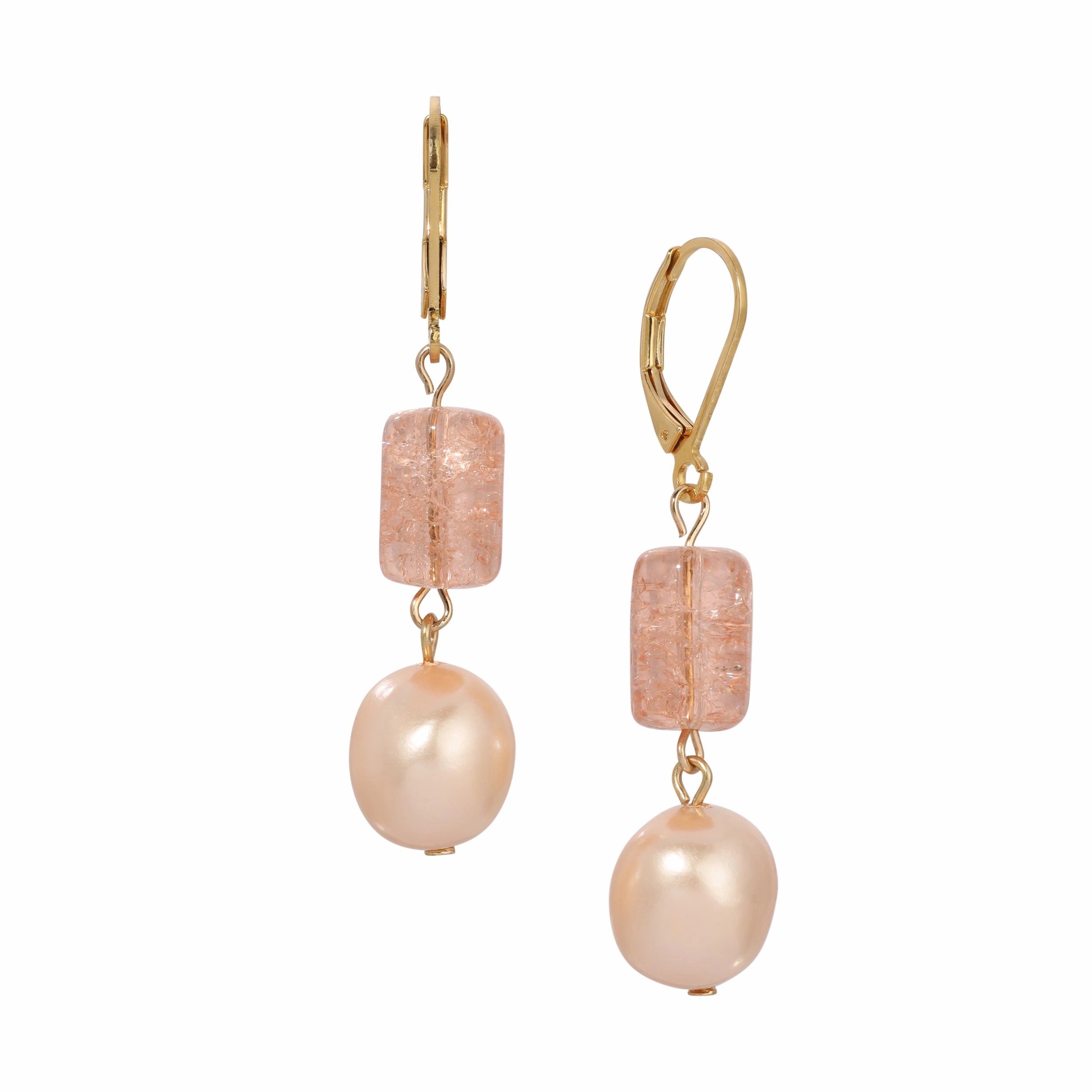 1928 Jewelry Peach Cracked Glass & Faux Pearl Dangling Earrings