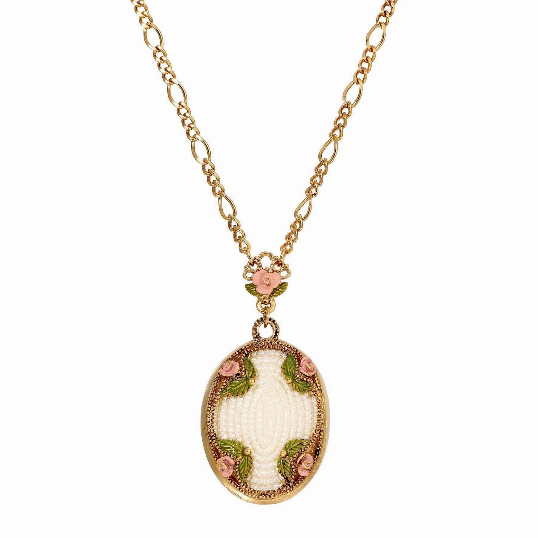 1928 Jewelry Pearly Eden Rose Enamel Faux Pearl Embossed Pendant Figaro Chain Necklace 30"L