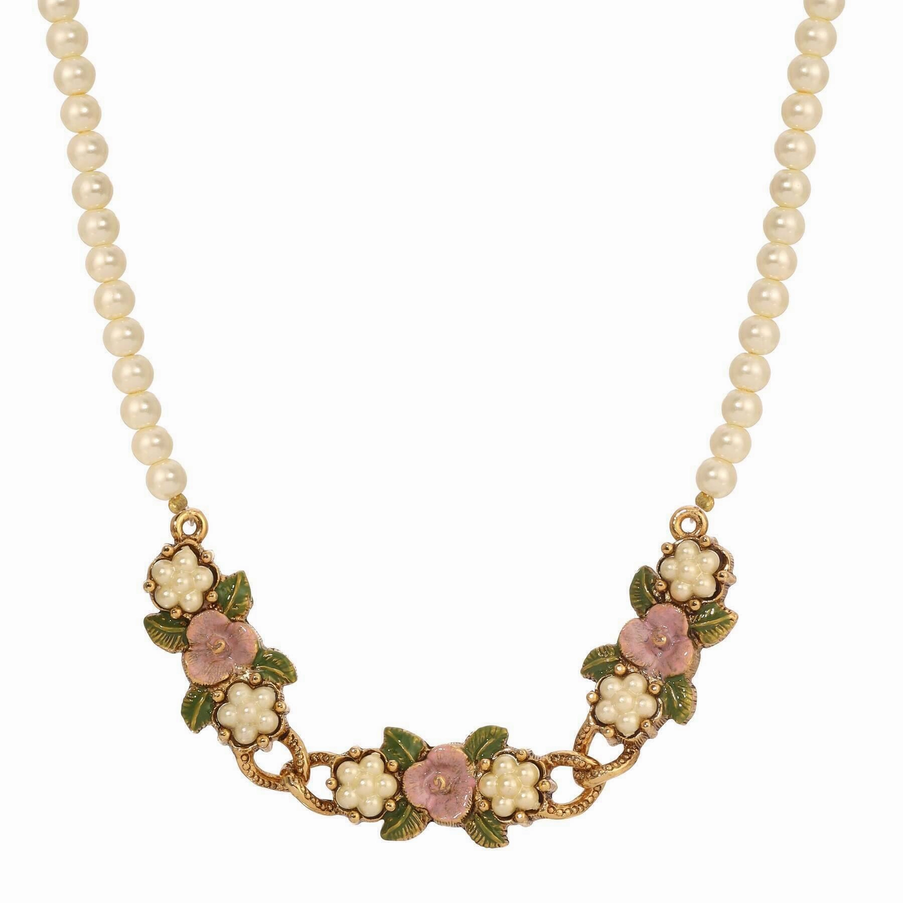 1928 Jewelry Pearly Eden Rose Enamel Faux Pearl Strand Necklace 17"   3" Extender
