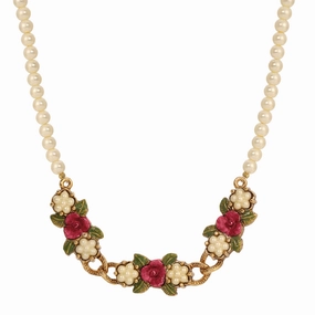 1928 Jewelry Pearly Eden Rose Enamel Faux Pearl Strand Necklace 17"   3" Extender