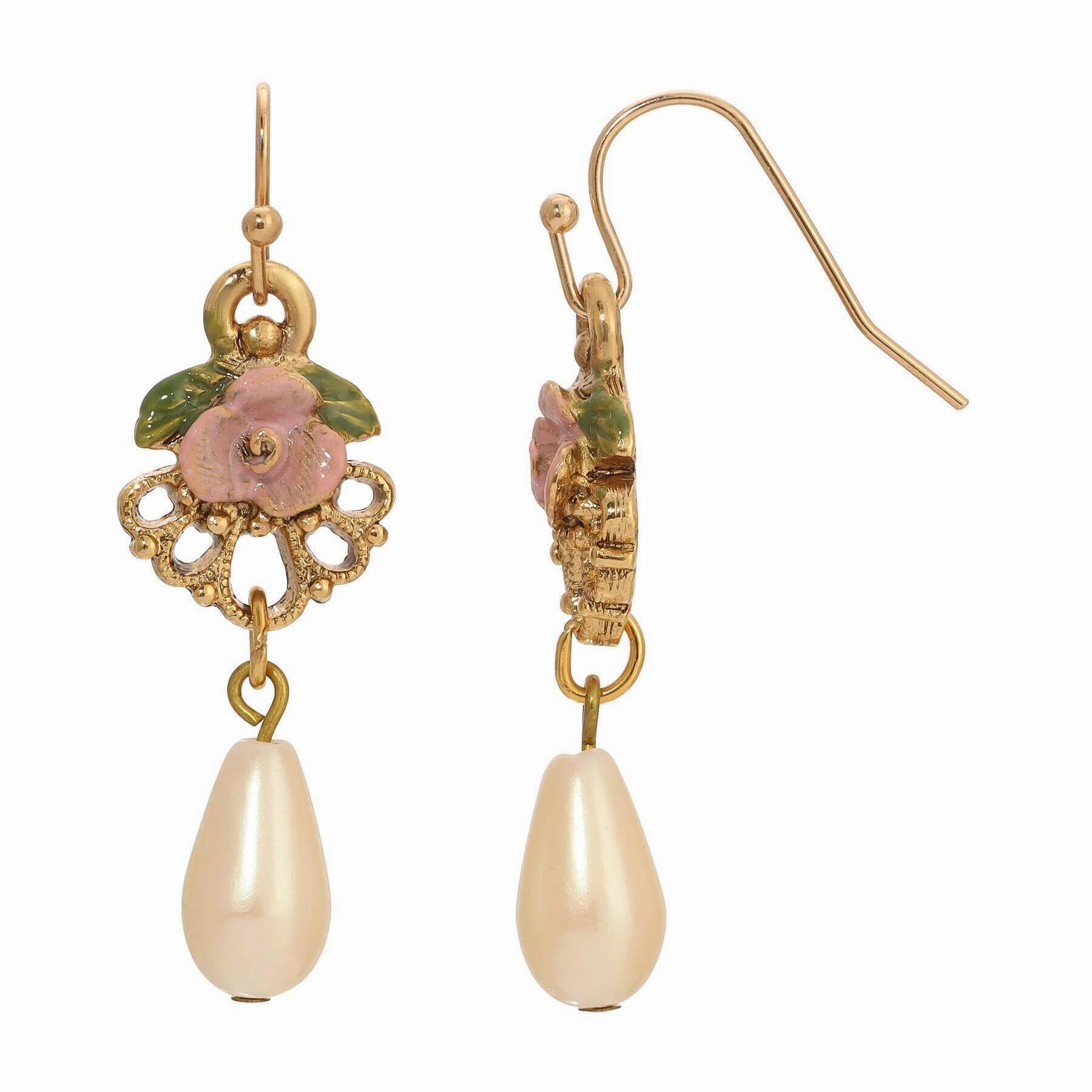 1928 Jewelry Pearly Eden Rose Enamel Teardrop Faux Pearl Dangle Earrings