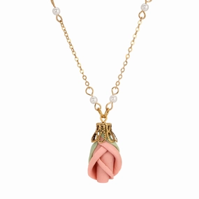 1928 Jewelry Pink Porcelain Rosebud Pendant Necklace 16"   3" Extension