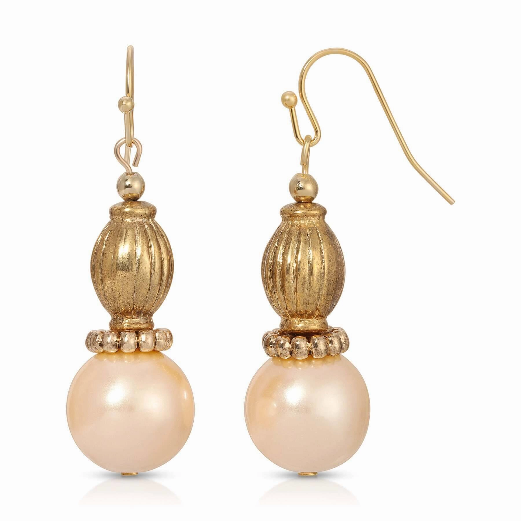 1928 Jewelry Ridged Bead Faux Pearl Dangle Drop Earrings