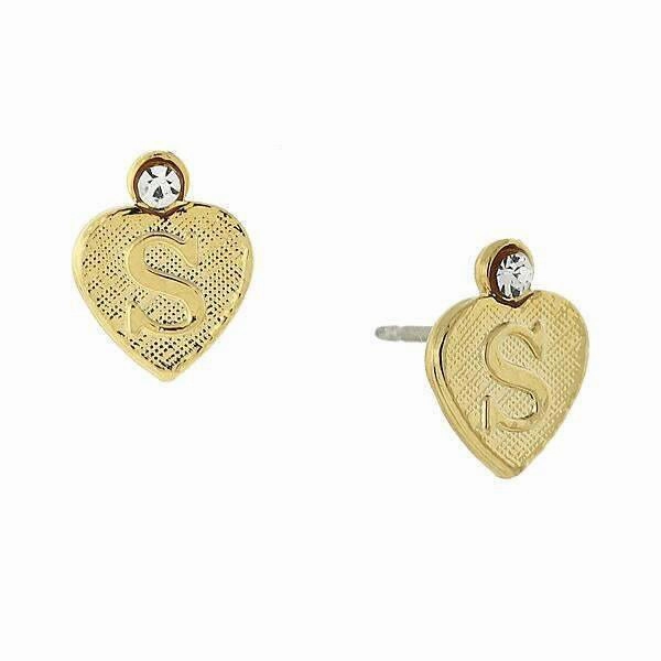 1928 Jewelry Round Crystal Gold Initial Heart Stud Earrings