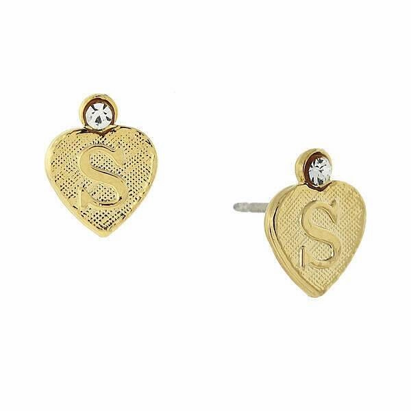 1928 Jewelry Round Crystal Gold Initial Heart Stud Earrings