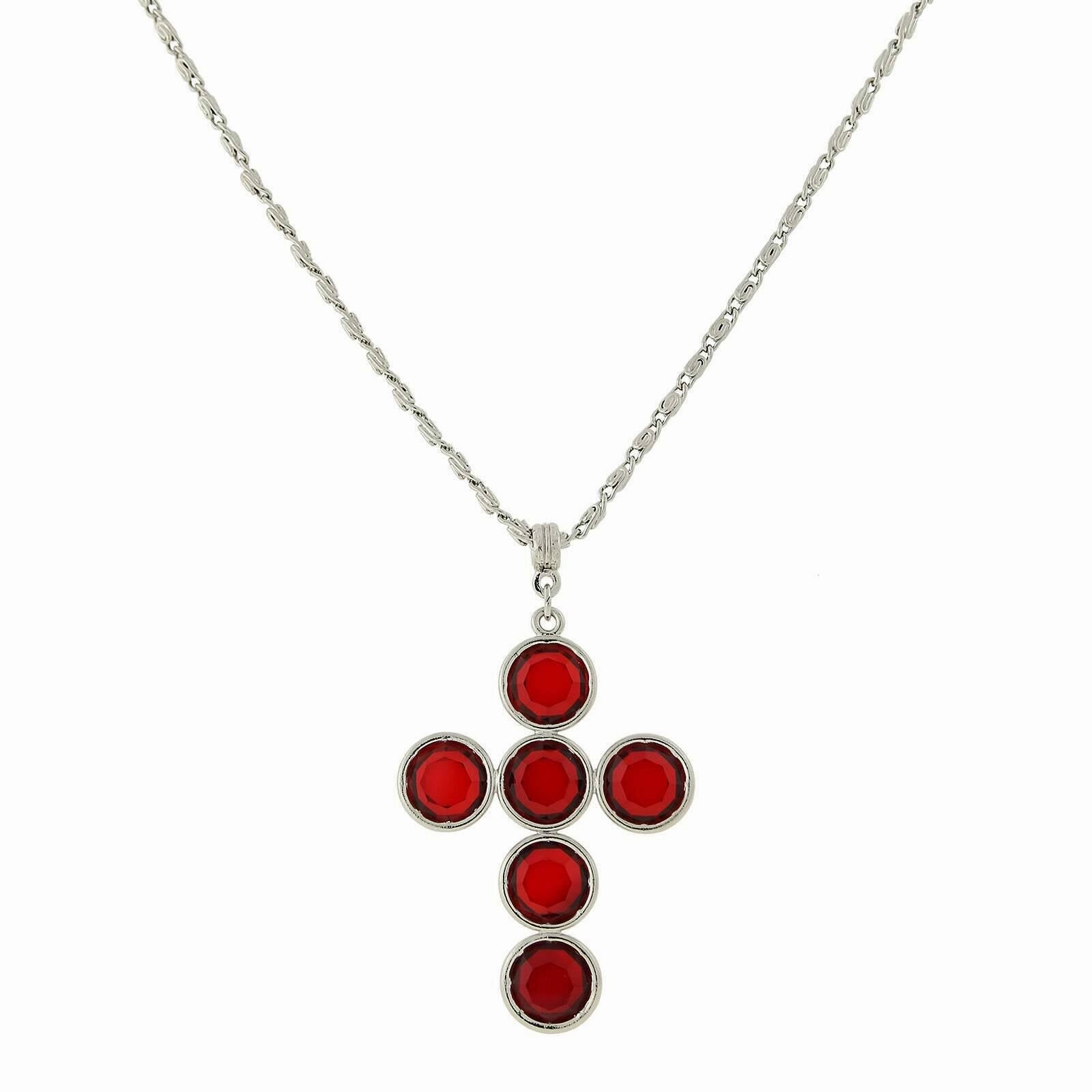 1928 Jewelry Silver Tone Austrian Crystal Cross Pendant Necklace 20"