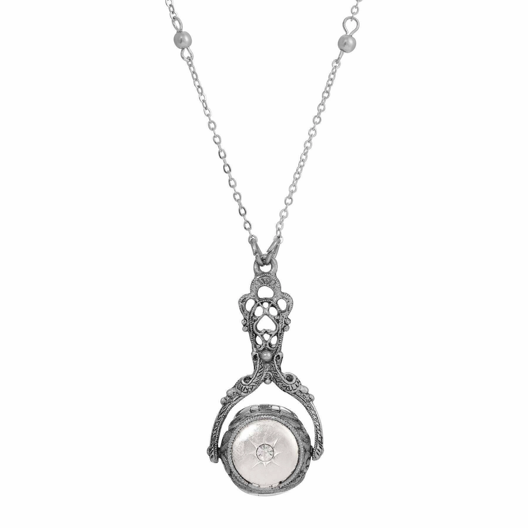 1928 Jewelry Tri-Locket Floral Harmony Rotating Spinner Pendant Faux Pearl Necklace 28"