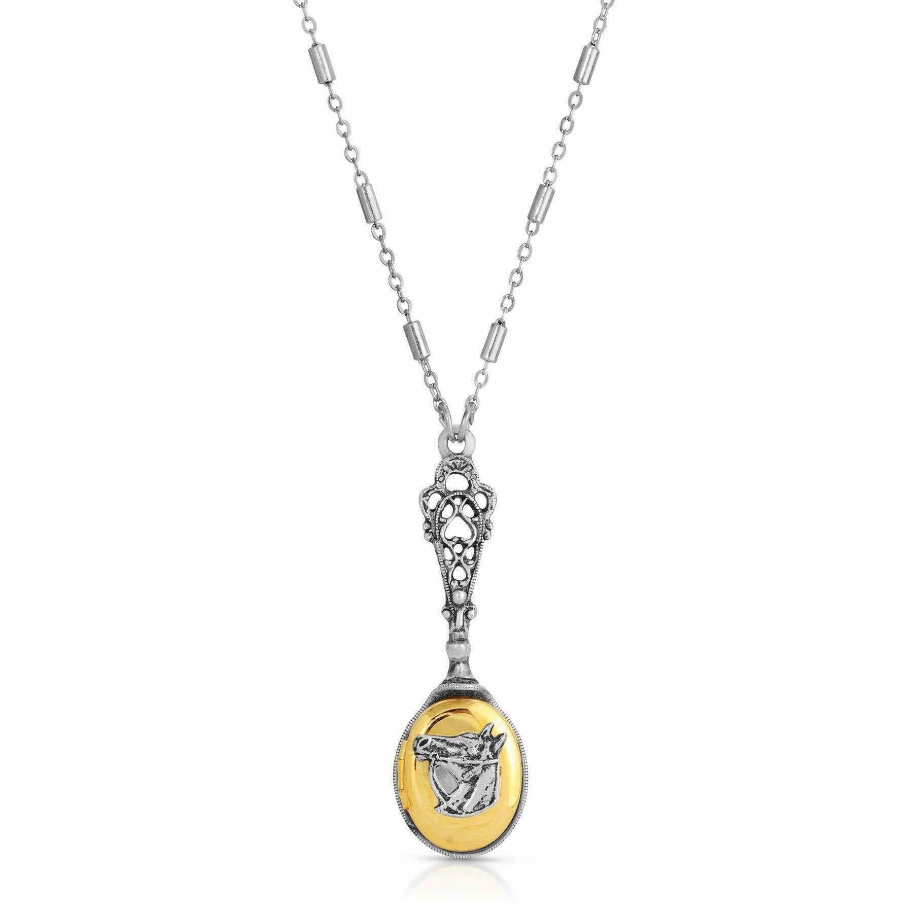 1928 Jewelry Two Tone Horse Head Locket Necklace 28"