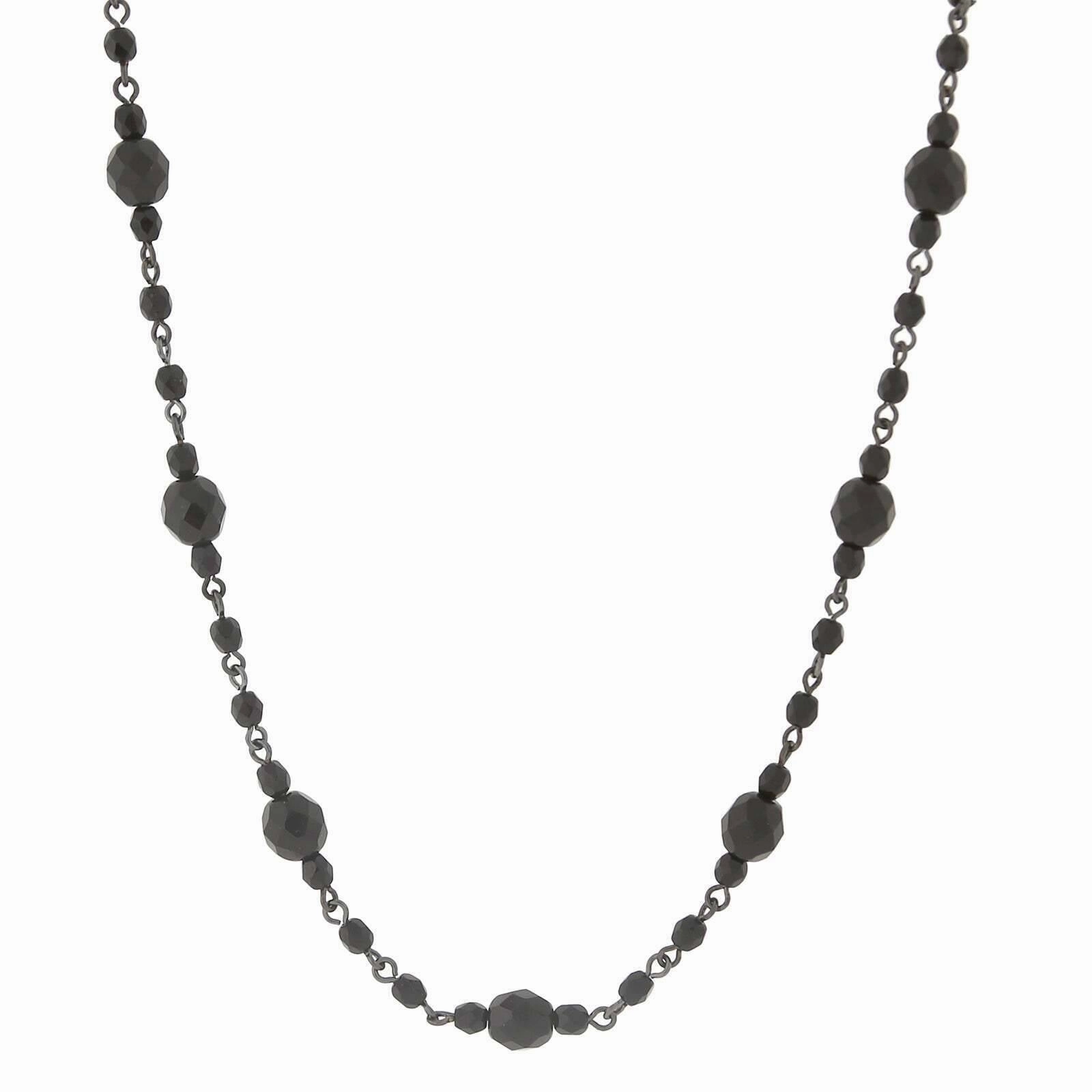 2028 Jet Black Fire Polished Glass Beaded Necklace 16"   3" Extension