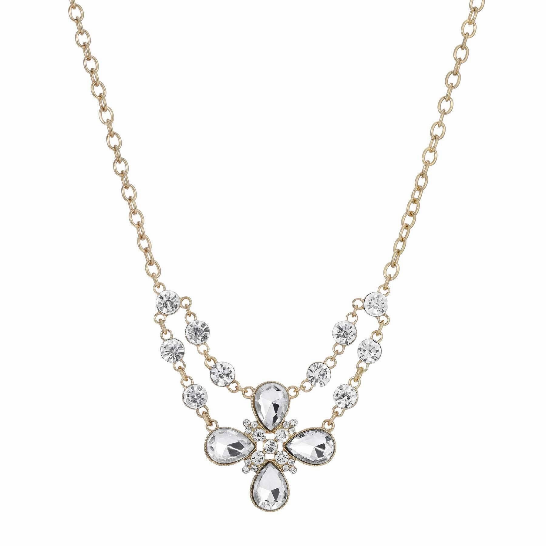 2028 Jewelry Clear Crystal Flower Necklace 16"   3" Extender