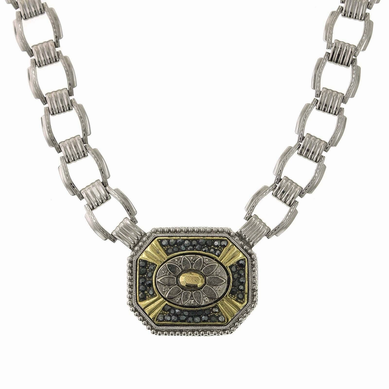 2028 Jewelry Daisy Octagonal Hematite Stone Link Pendant Necklace 16"