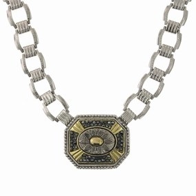 2028 Jewelry Daisy Octagonal Hematite Stone Link Pendant Necklace 16"