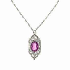 2028 Jewelry Fuchsia Pink Stone Faux Marcasite Deco Pendant Necklace 16"   3" Extender
