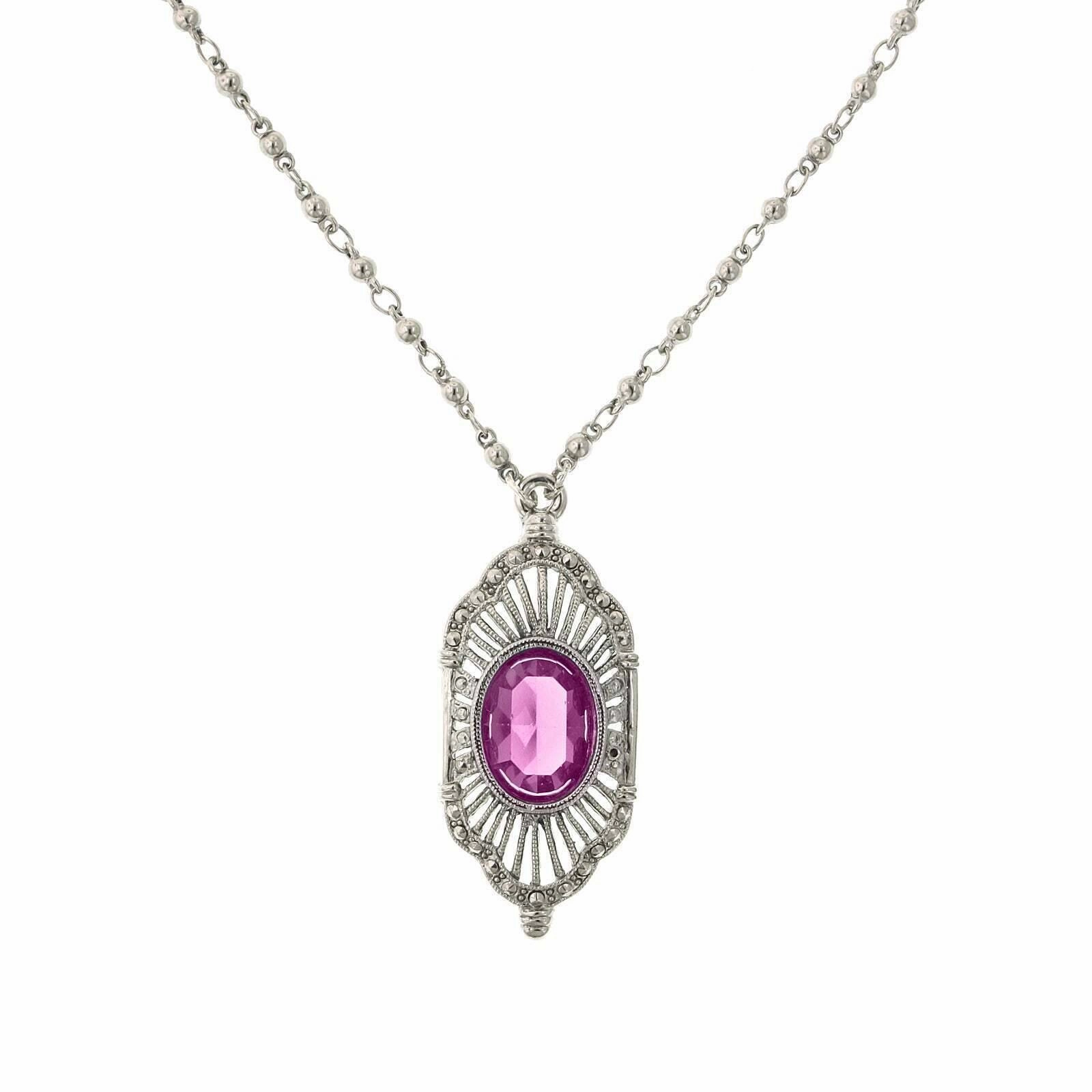 2028 Jewelry Fuchsia Pink Stone Faux Marcasite Deco Pendant Necklace 16"   3" Extender
