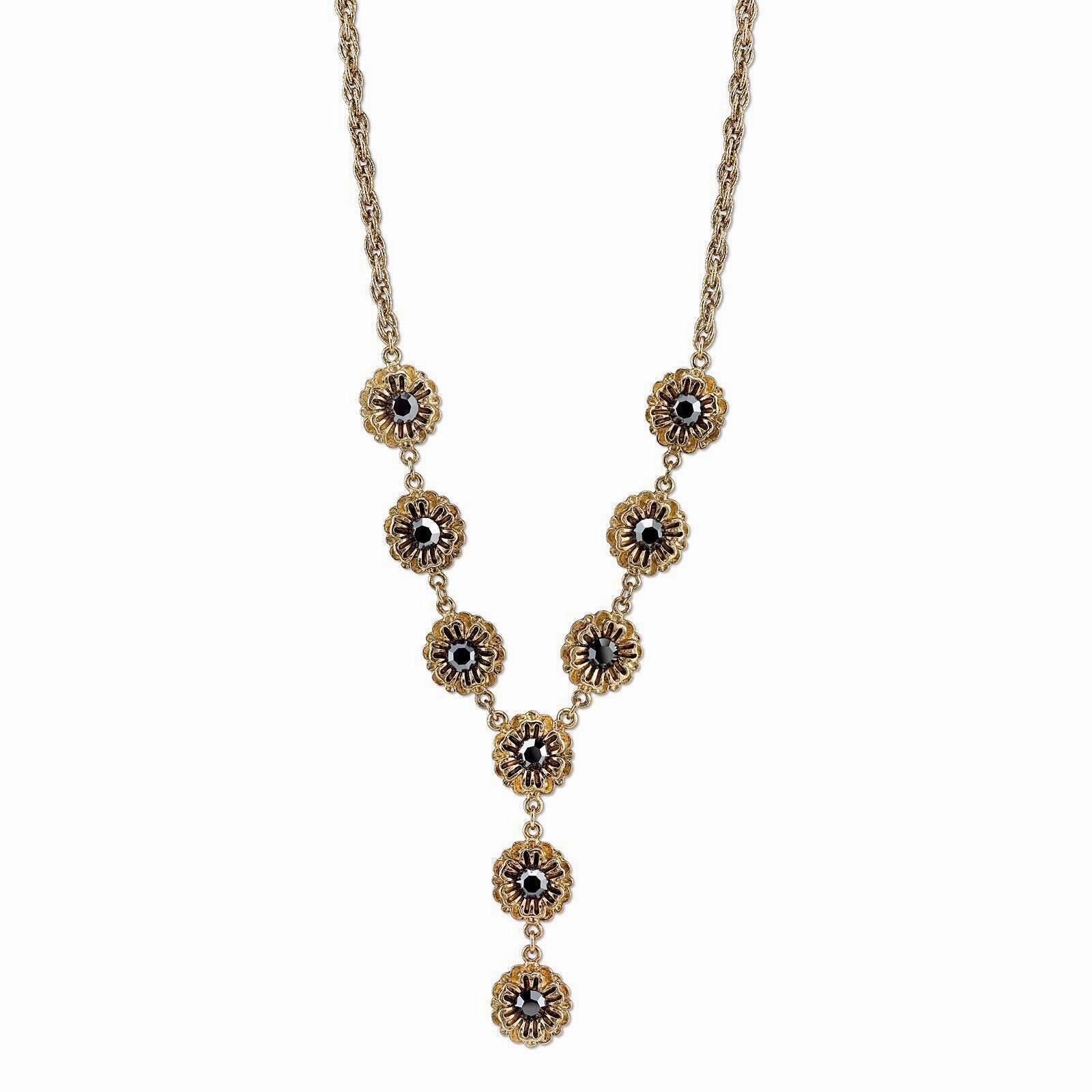 2028 Jewelry Hematite Glass Crystal Flower Y-Necklace 16"   3" Extender