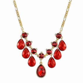 2028 Jewelry Square And Teardrop Red Crystal Bib Drop Necklace 16"   3" Extender