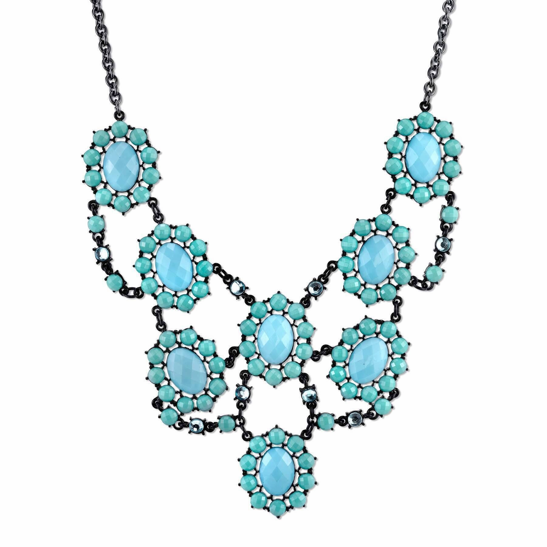2028 Jewelry Turquoise And Aqua Faceted Stone Bib Necklace 16"   3" Extender