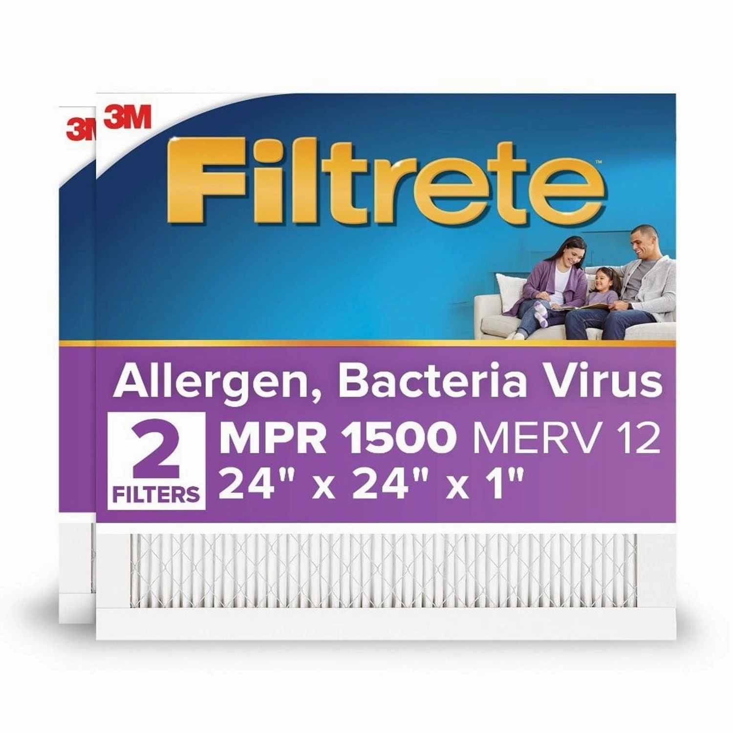 3M 2012-2PK-3 Filtrete Air Filter 24x24x1 MPR 1500 MERV 12 Allergen Bacteria and Virus 2 Filters