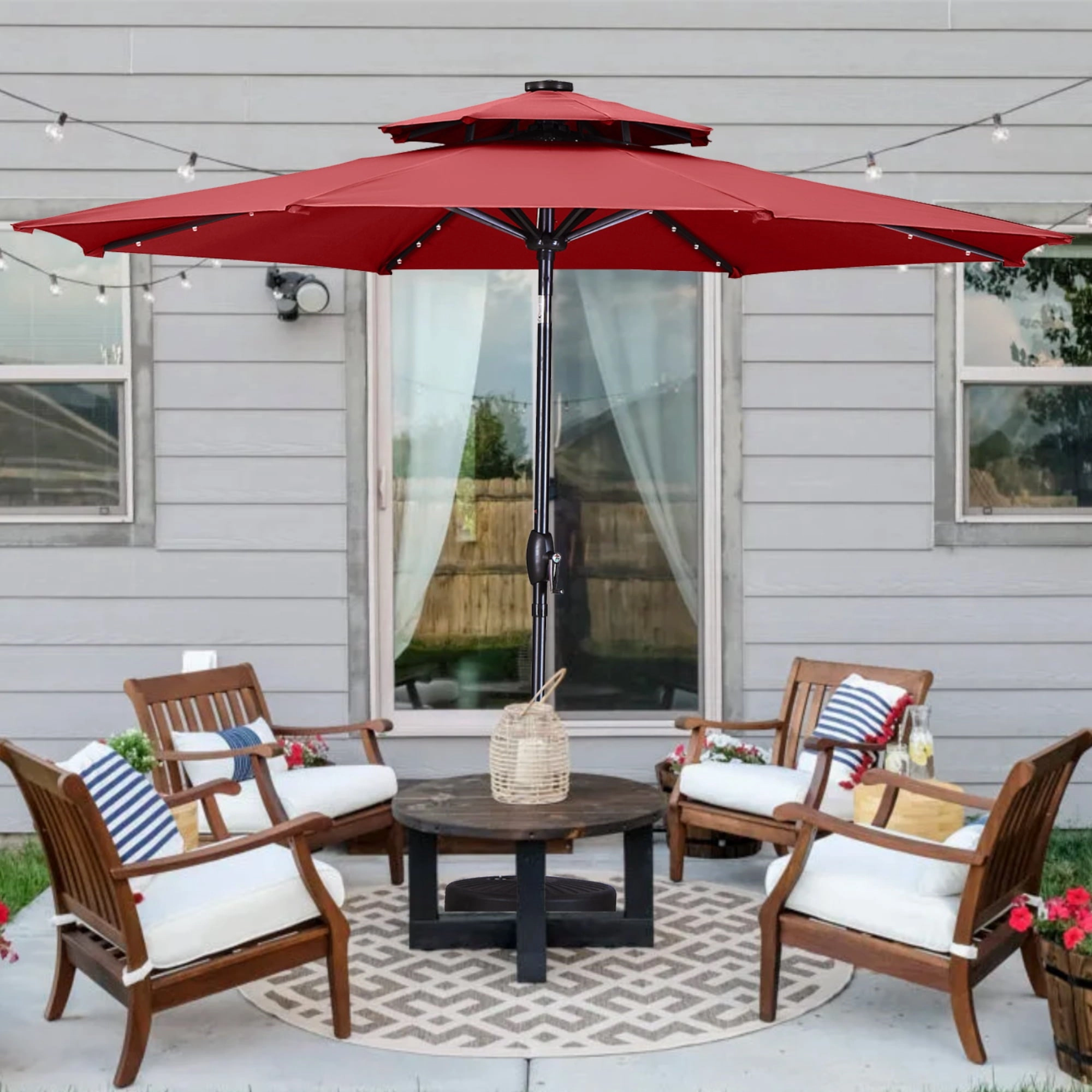 Ainfox OB-OTU006RD 9ft Patio Solar Umbrellas 2 Tier w/Solar Powered 32 LEDs, Red