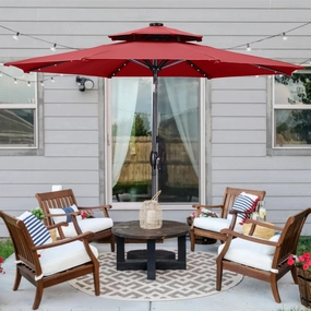 Ainfox OB-OTU006RD 9ft Patio Solar Umbrellas 2 Tier w/Solar Powered 32 LEDs, Red