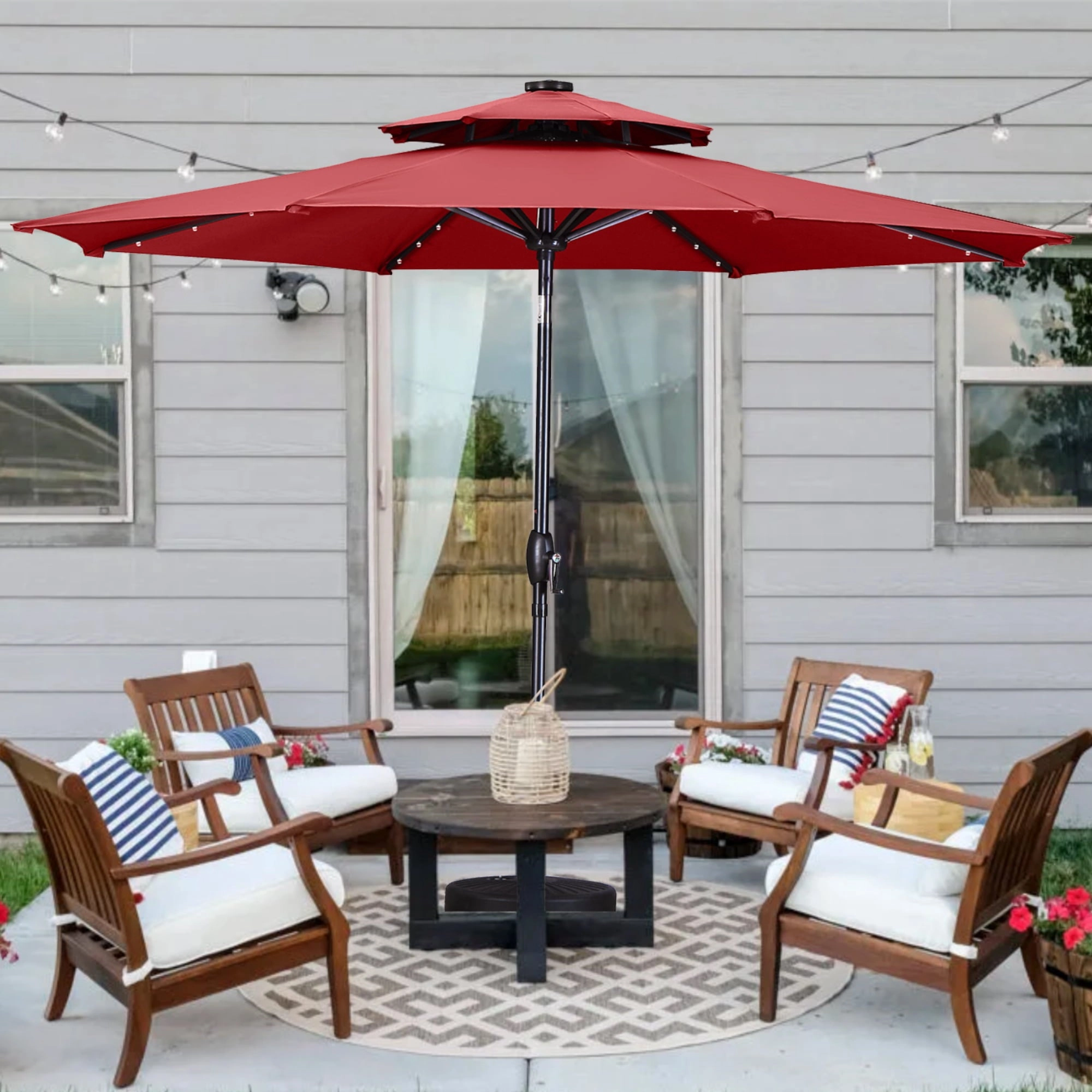 Ainfox OB-OTU006RD 9ft Patio Solar Umbrellas 2 Tier w/Solar Powered 32 LEDs, Red