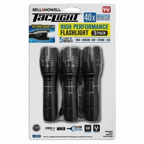Bell&Howell 7000 Taclight Tactical Flashlight 3 Pack Waterproof & Weatherproof Aircraft Grade Aluminum Construction, 5 Light Modes with 50,000 Hour Cree LEDs, 40x Brighter As Seen on TV