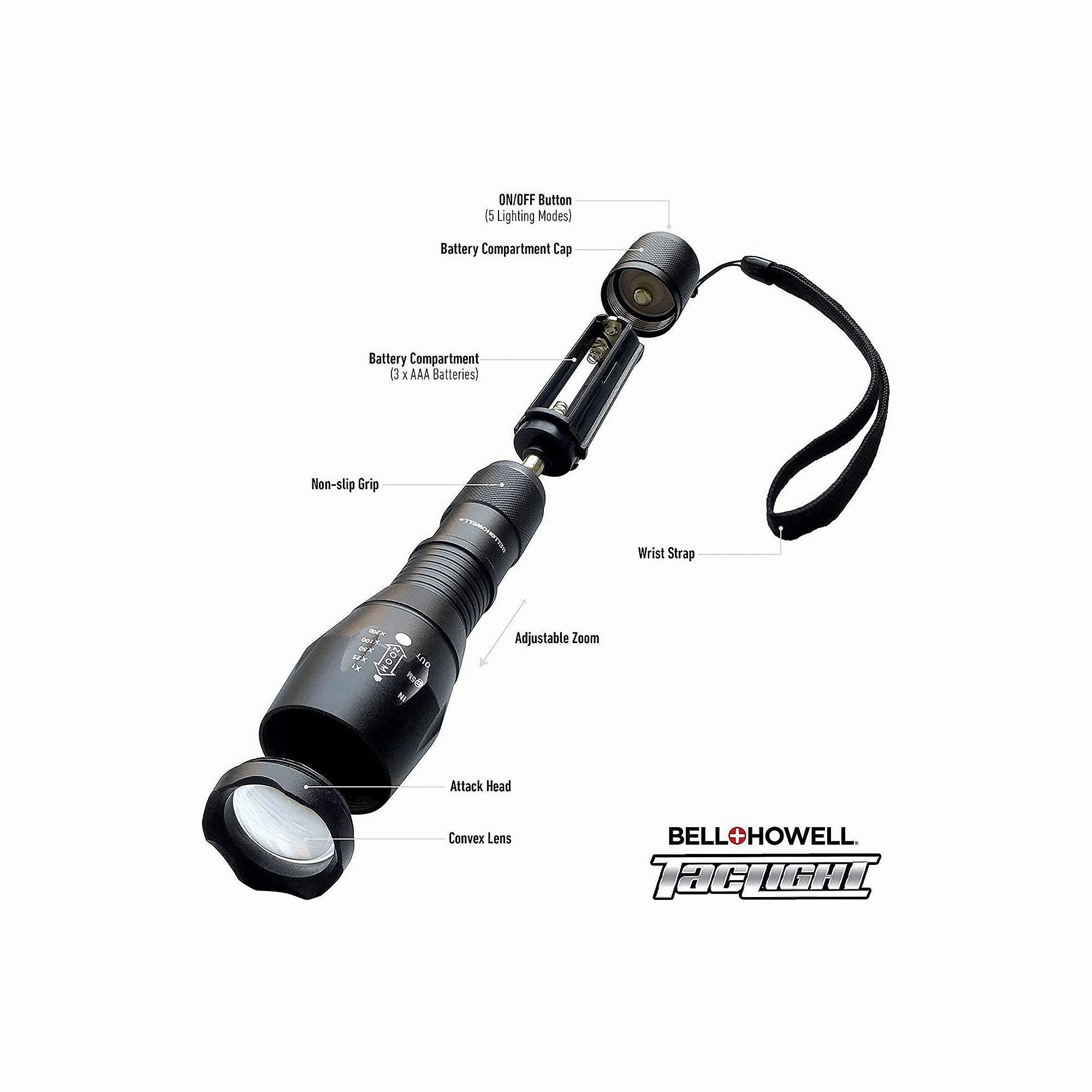 Bell&Howell 7000 Taclight Tactical Flashlight 3 Pack Waterproof & Weatherproof Aircraft Grade Aluminum Construction, 5 Light Modes with 50,000 Hour Cree LEDs, 40x Brighter As Seen on TV
