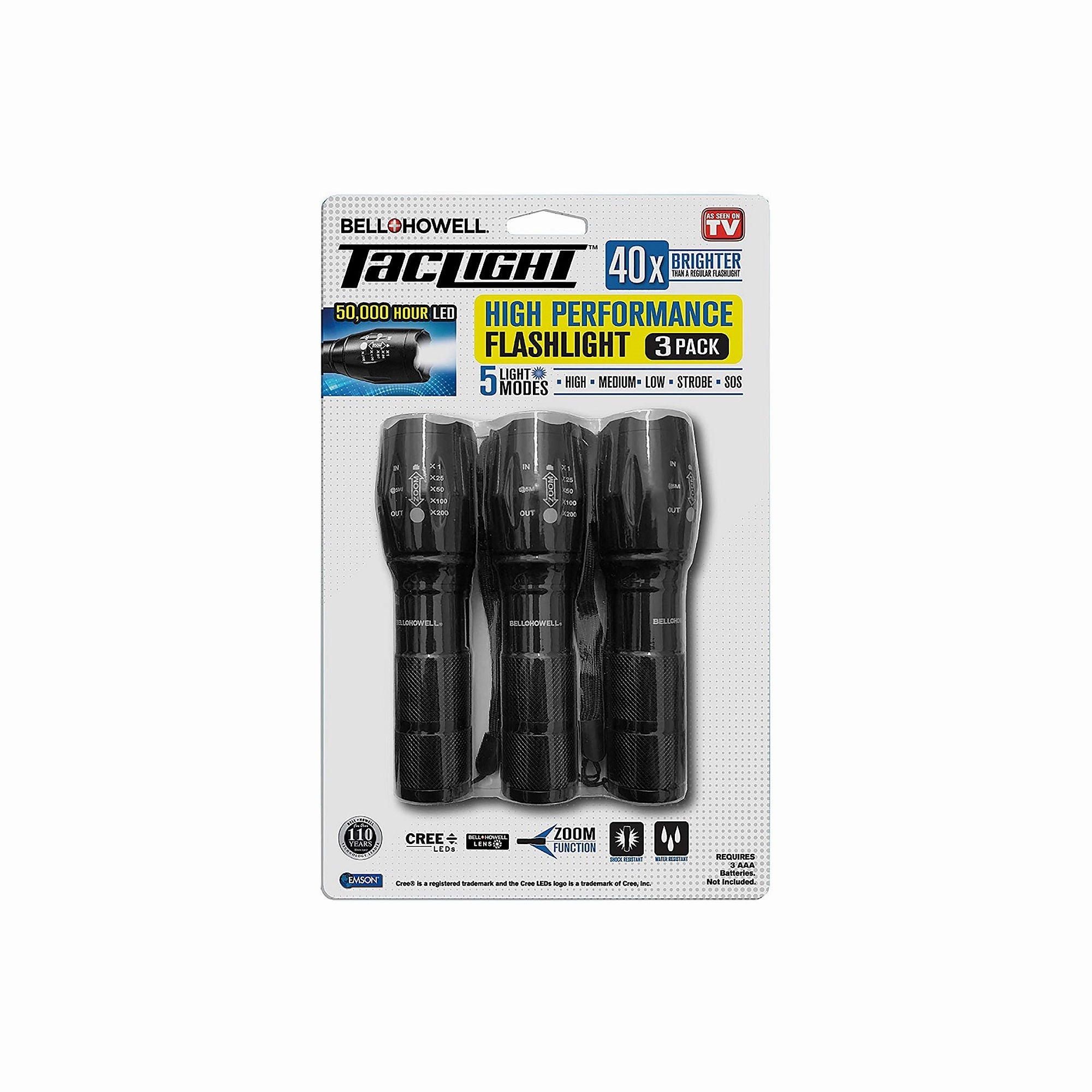 Bell&Howell 7000 Taclight Tactical Flashlight 3 Pack Waterproof & Weatherproof Aircraft Grade Aluminum Construction, 5 Light Modes with 50,000 Hour Cree LEDs, 40x Brighter As Seen on TV