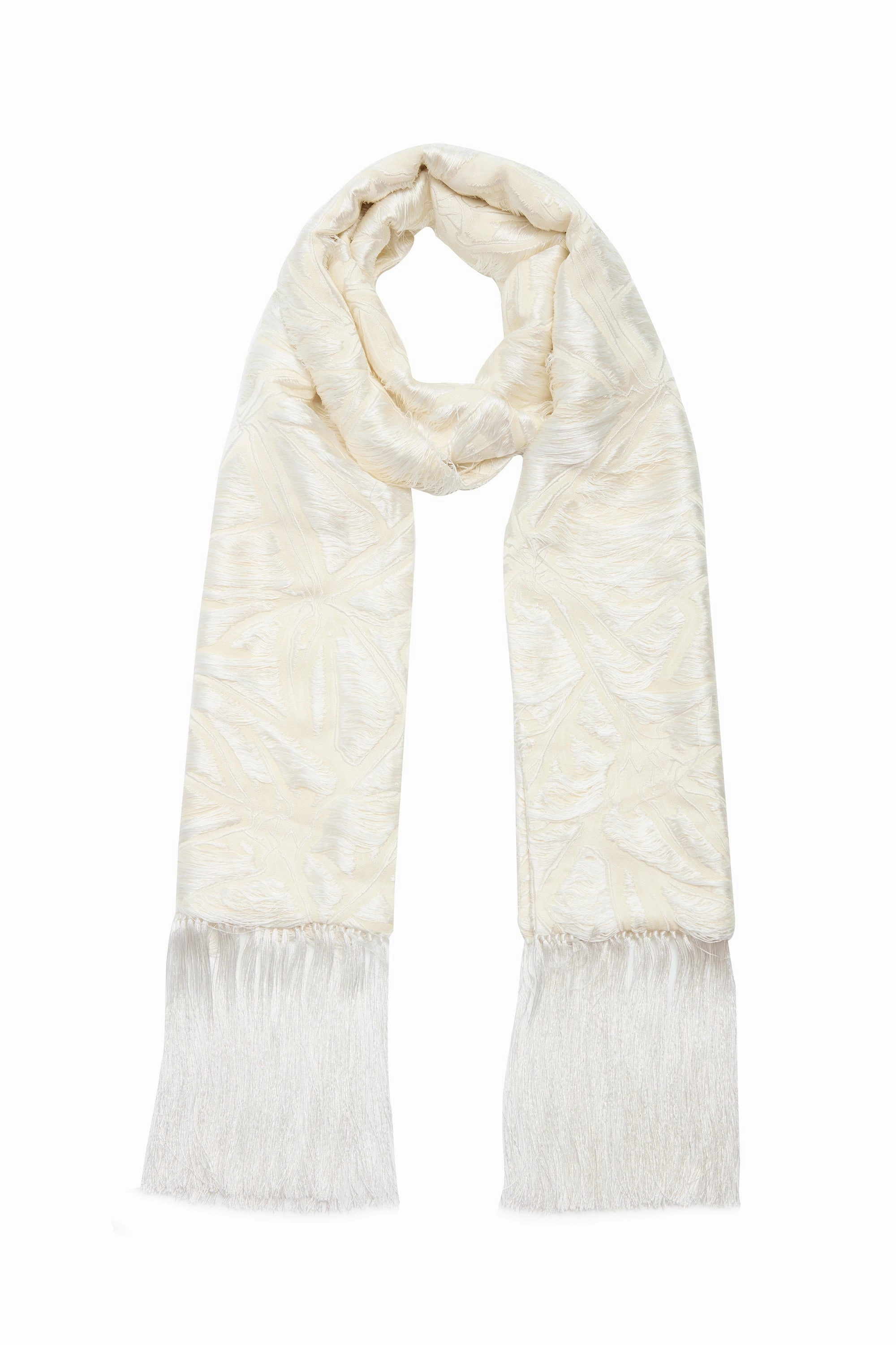 Blaine Fringe Scarf in Ivory Silk Virgin Wool Jacquard