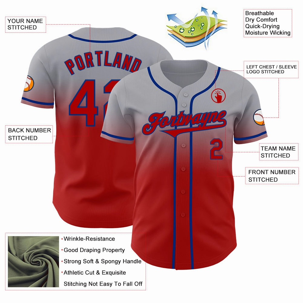 Custom Gray Red-Royal Authentic Fade Fashion Baseball Jersey